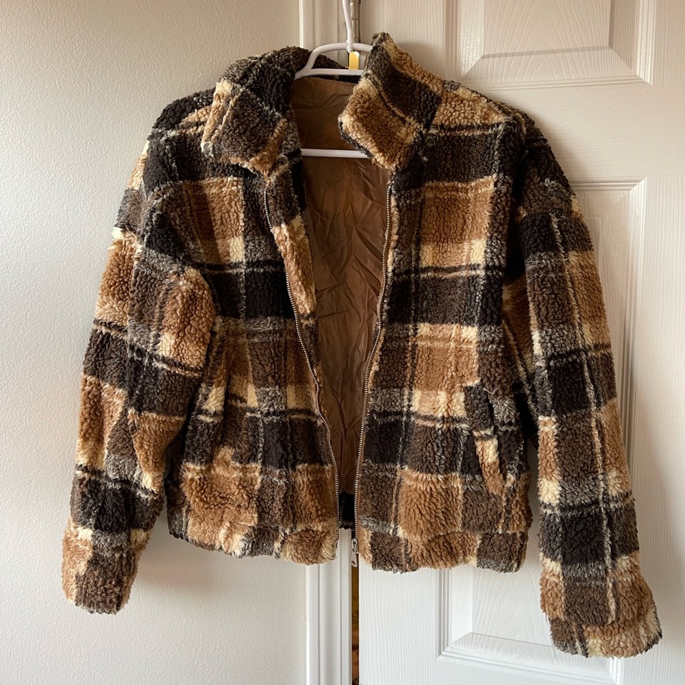 Brown Plaid Zip Up Jacket